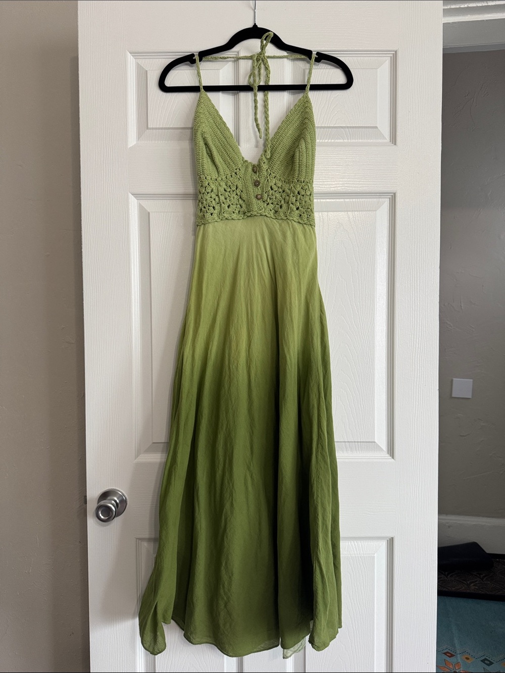 Sunnis Olive Green Crochet Bodice Halter Maxi Dress - 100% Cotton